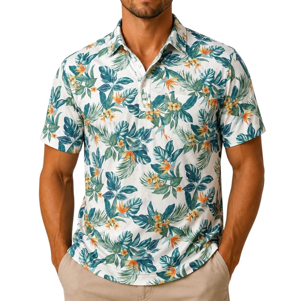 IZOD Saltwater Mens 3XLT Polo Shirt Tropical Bird of Paradise Floral White Green